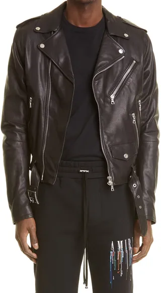 Embroidered Paint Drip Core Logo Leather Biker Jacket