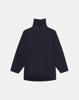 Petite Neoprene Knit Turtleneck Drop Shoulder Top
