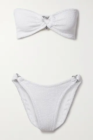 Hunza G - Nicole Embellished Seersucker Bandeau Bikini - White