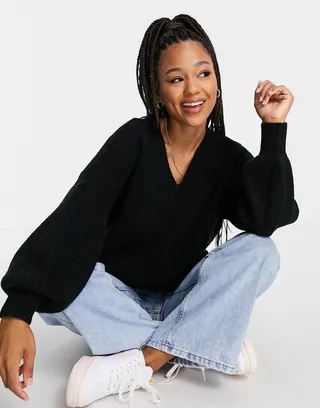 ASOS DESIGN v neck fluffy sweater in black