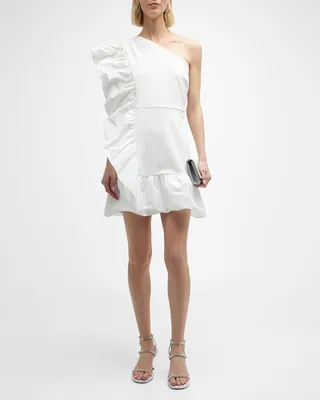 One-Shoulder Ruffle-Trim Crepe Mini Dress