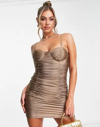 Parisian mesh mini dress in mocha