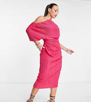 ASOS DESIGN Tall fallen shoulder plisse midi dress in pink