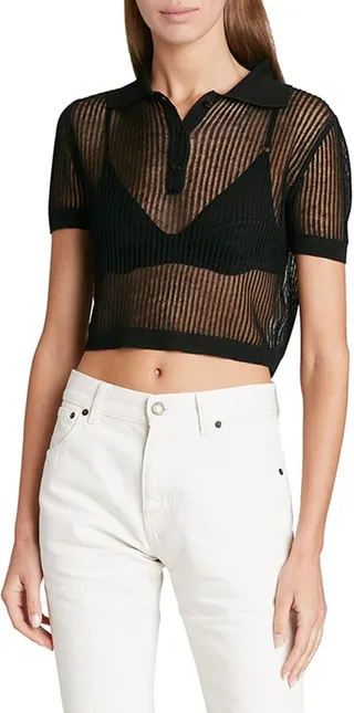 Cropped Rib Open-Knit Polo Shirt