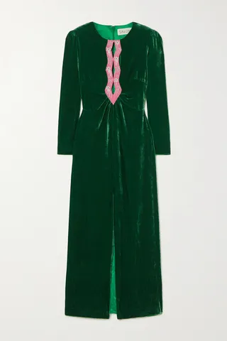 Saloni - Jinx C Embellished Silk-trimmed Velvet Midi Dress - Green