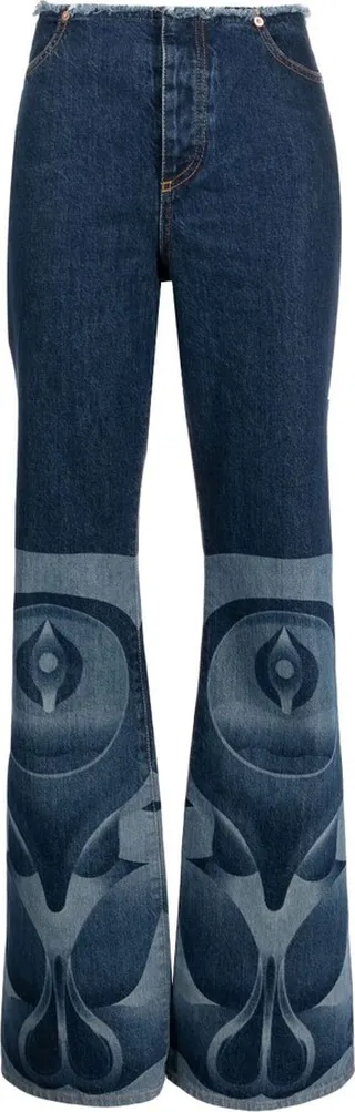 Blue Raw-Edge Printed Bootcut Jeans