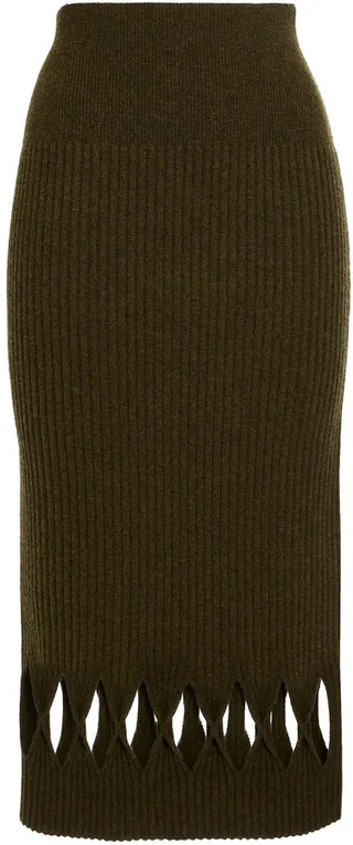 Cutout ribbed wool-blend midi skirt