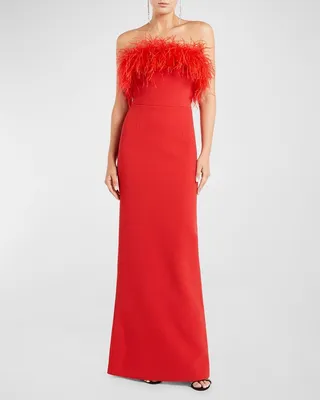Scarlet Strapless Feather-Trim Gown