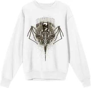 Batman Bat Mask With Bat Wings Men’s White Crew Neck Long Sleeve Graphic Sweatshirt-Medium