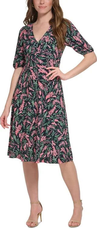 Tommy Hilfiger Women's Floral-Print Ruffle-Trim Elbow-Sleeve Midi Dress