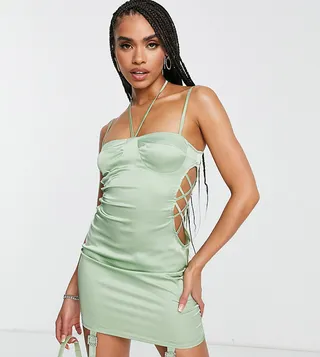 ASYOU bust cup lace up mini dress with garter detail in sage