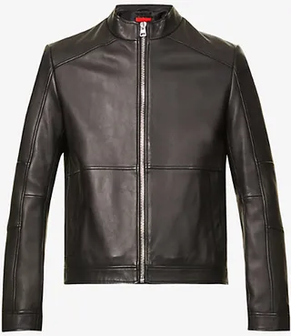 Mens Black Band-collar Regular-fit Leather Jacket