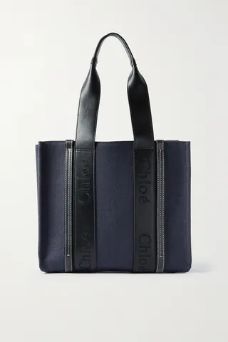 Chloé - + Net Sustain Woody Medium Embroidered Leather-trimmed Linen-canvas Tote - Blue