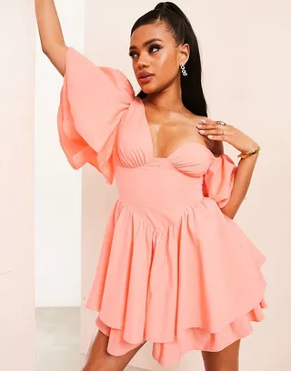 ASOS LUXE off shoulder cotton dress with corset detail and ruffles in peach