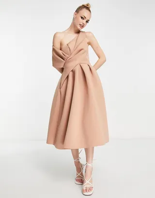 ASOS DESIGN bare shoulder midi prom dress in camel
