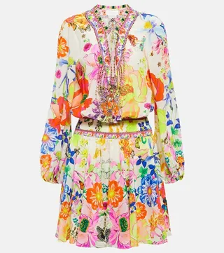 Embellished printed silk minidress