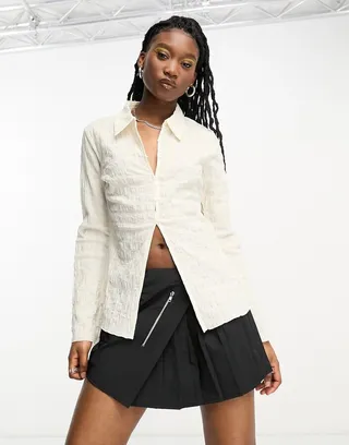 Weekday Smock textured shirt in off