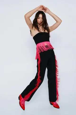 Nasty Gal Womens Twill Fringe Detail Straight Leg Mid Rise Pants