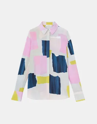 Papier Print Silk Crepe De Chine Button Blouse