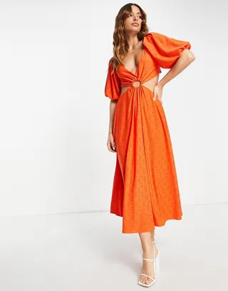 ASOS DESIGN broderie cut out midi dress in red