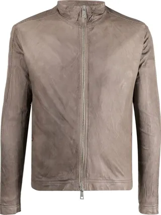 High-Neck Zipped Leather Jacket
