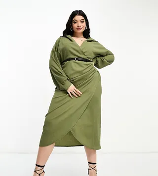 ASOS DESIGN Curve textured collared wrap midi dress in khaki