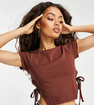 ASOS DESIGN Petite short sleeve t-shirt with side ties in chocolate