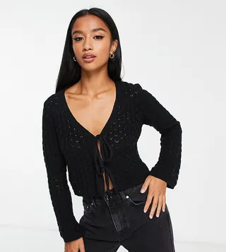 ASOS DESIGN Petite cardigan with tie front in pointelle stitch in black