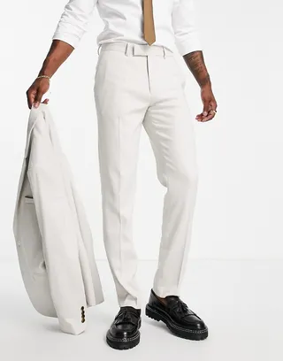 ASOS DESIGN wedding slim suit pants in stone birdseye texture