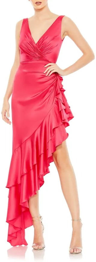 Ruffle Asymmetric Satin Dress
