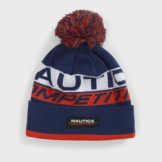 Nautica Mens Competition Logo Pom-Pom Beanie