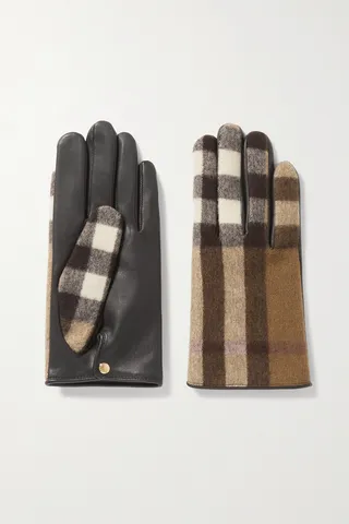 Burberry - Checked Wool And Leather Gloves - Brown