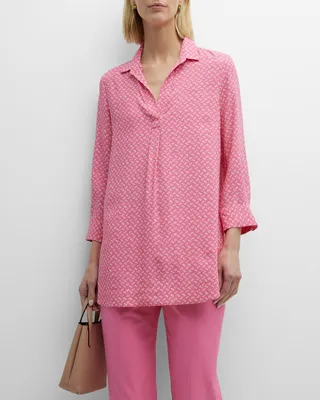 Abstract-Print Collared Tunic Shirt
