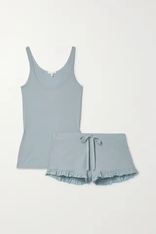 Skin - Raisa Raffaela Ribbed Pima Cotton-jersey Tank And Shorts Set - Blue