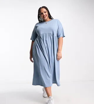 ASOS DESIGN Curve short sleeve seam detail midi smock dress in washed blue