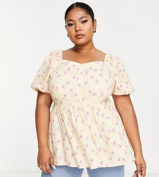 Simply Be puff sleeve button through blouse in yellow and pink floral