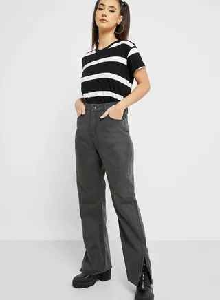 High Waist Slit Hem Jeans