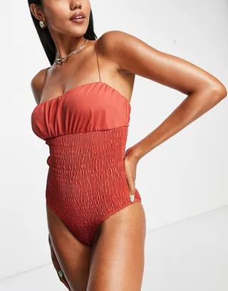 ASOS DESIGN shirred bodysuit swimsuit in rust