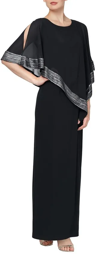 Foil Trim Asymmetric Popover Capelet Gown
