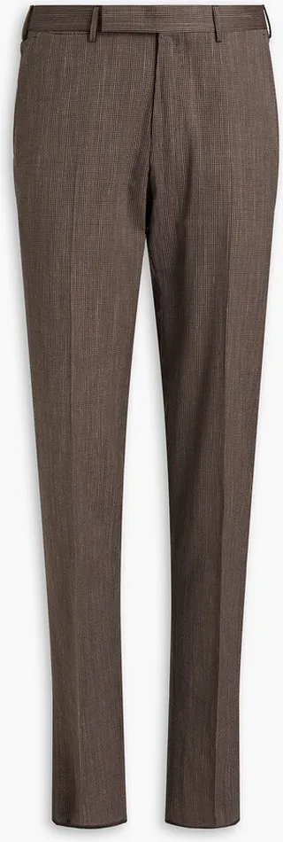 Slim-fit checked wool-blend seersucker suit pants