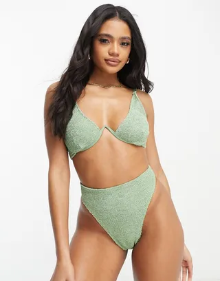 ASOS DESIGN mix and match crinkle high leg thong bikini bottom in khaki