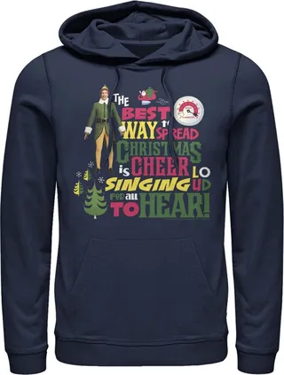 Men's Elf Christmas Cheer Loud Singing Pull Over Hoodie - Navy Blue - 3X Large