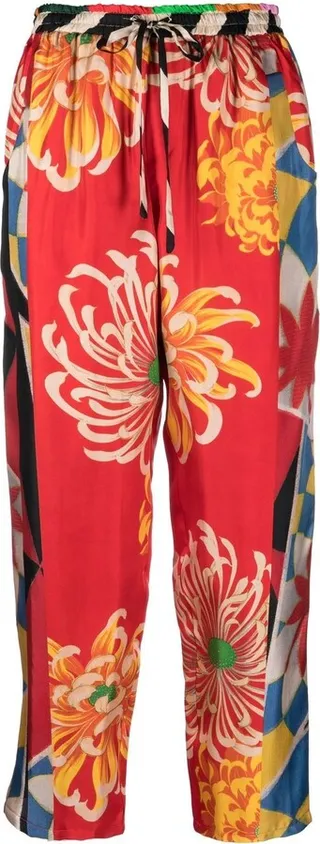 Graphic-Print Silk Cropped Trousers