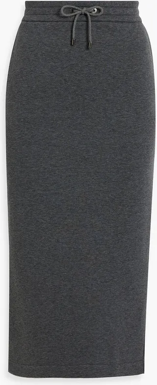Bead-embellished mélange cotton-blend jersey midi skirt