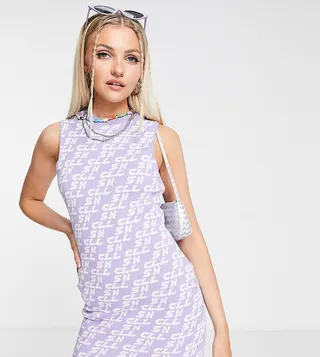 COLLUSION knit mini dress with text print in lilac and white