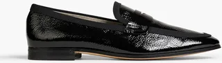Grosgrain-trimmed crinkled patent-leather loafers