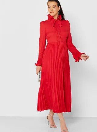 Tie Neck Pleated Dress