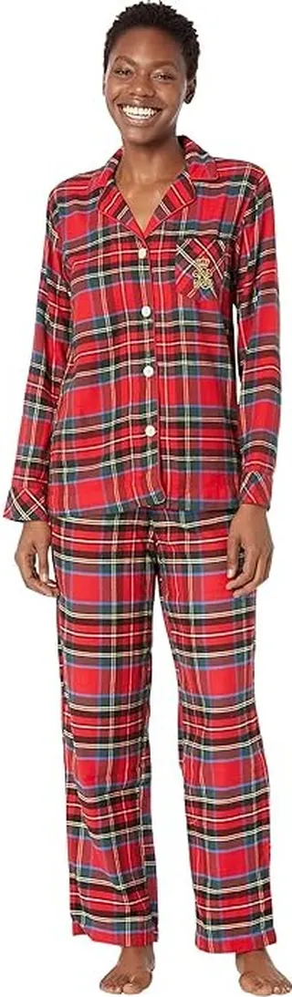 LAUREN Ralph Lauren Petite Long Sleeve Brushed Twill Notch Collar PJ Set (Red Plaid) Women's Pajama Sets