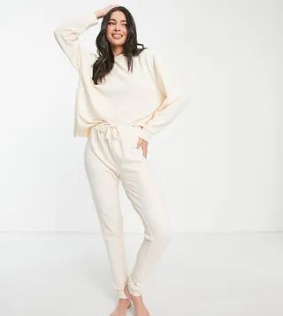 ASOS DESIGN Tall lounge lightweight slubby sweat & sweatpants set in oatmeal