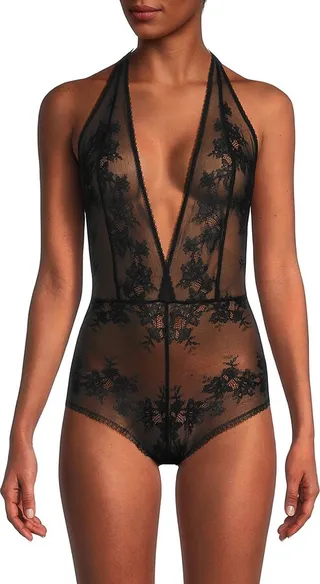 Straight Laced Halter Plunge Lace Bodysuit